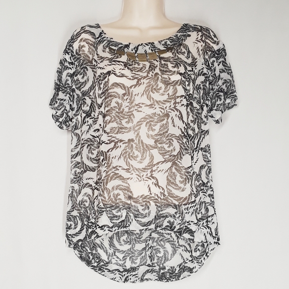 NEW BCBGENERATION Black White Swirl Print Semi Sheer Short Sleeve Top Small - Picture 6 of 9